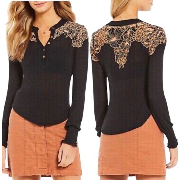 Free people black gauze thermal long sleeve top size S? - Picture 1 of 9